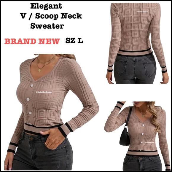 #T76 Elegant Scoop Neck Sweater Trim Long Sleeve Pearl Like Buttons SZ L $59 - Picture 1 of 14